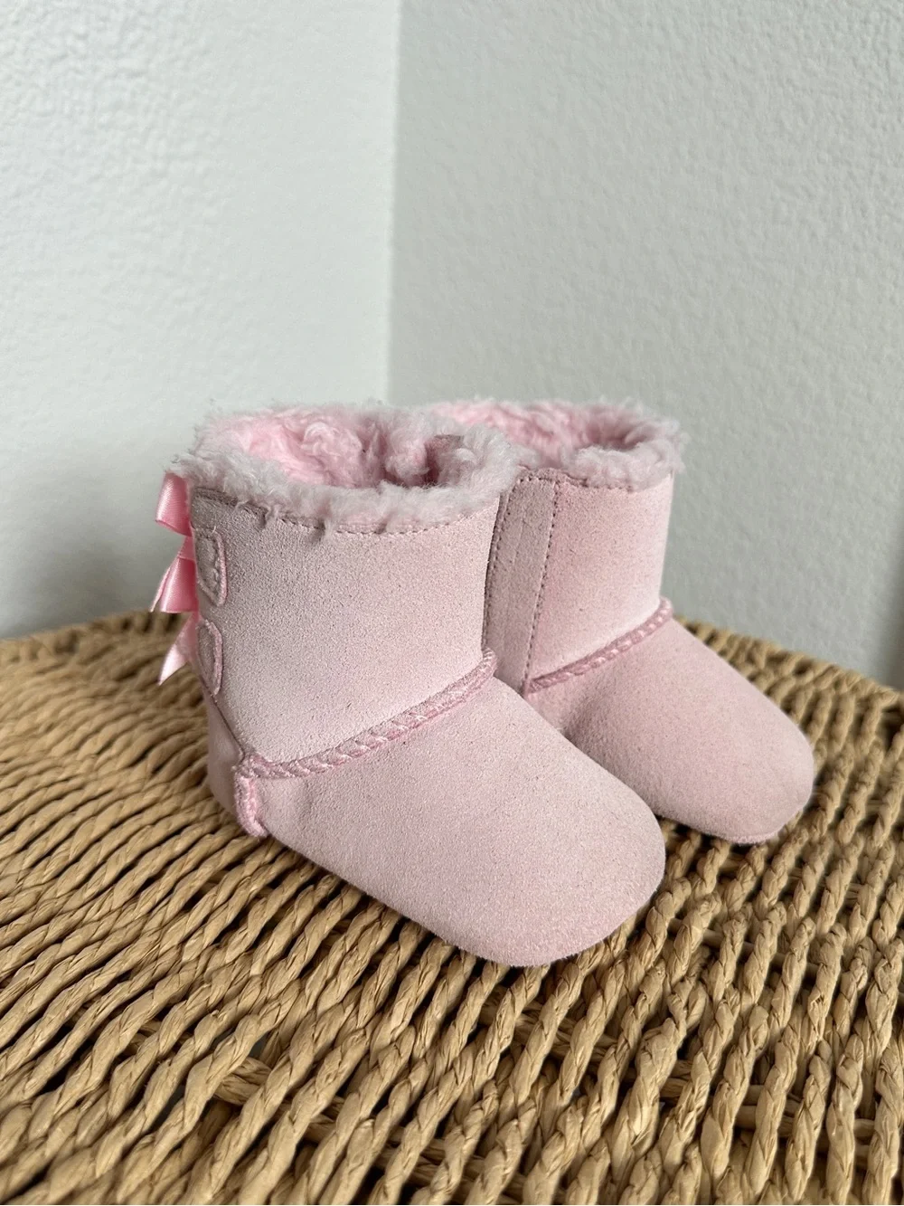 UGG Pink Faux-Fur Baby Walker Boots with Back Bows